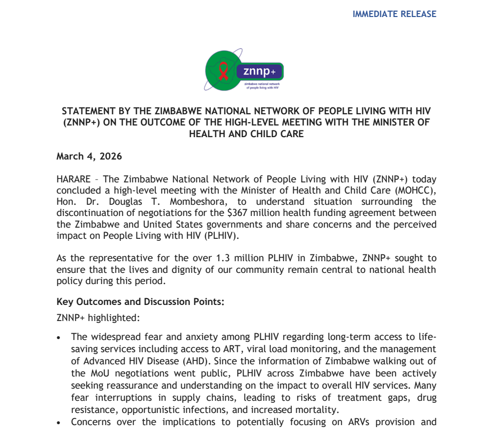 Immediate Release: Statement by the Zimbabwe National Network Of People Living With HIV (ZNNP+) On The Outcome Of The High-Level Meeting With The Minister Of Health And Child Care